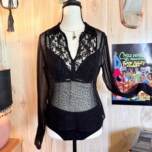 Vintage Womens XSmall Black Sheer Silk Beaded Collar Top 2000s